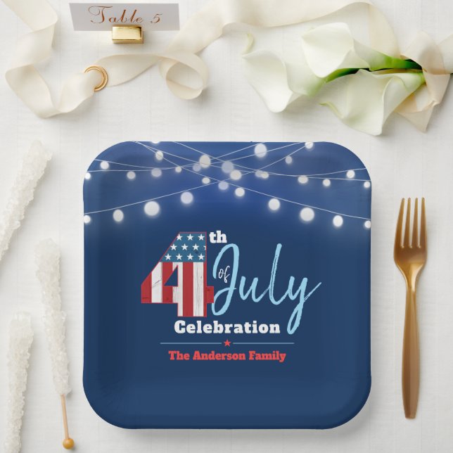 July 4th Patriotic Red White Blue Lights USA Flag Paper Plates (Wedding)