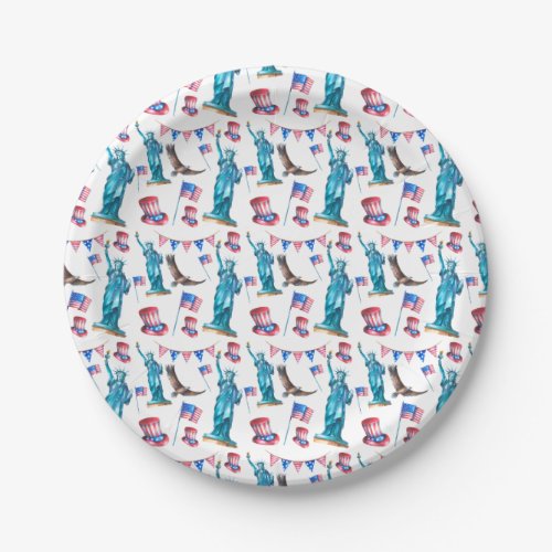 July 4th Patriotic Statue of Liberty Flag  Eagle Paper Plates