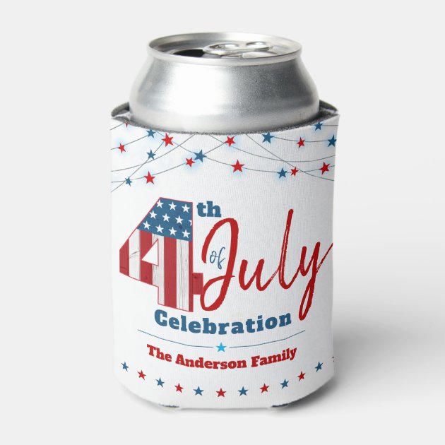 July 4th Patriotic USA Flag Red White Blue Stars Can Cooler | Zazzle