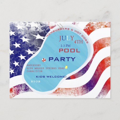 July 4th Pool Party Flag Invitation Postcard