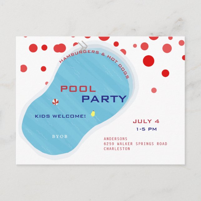 July 4th Pool Party Flip Flops Invitation Postcard (Front)