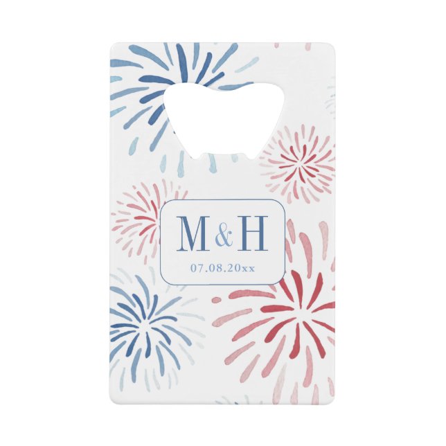 July 4th Red Blue Fireworks Wedding Monogram Credit Card Bottle Opener (Front)