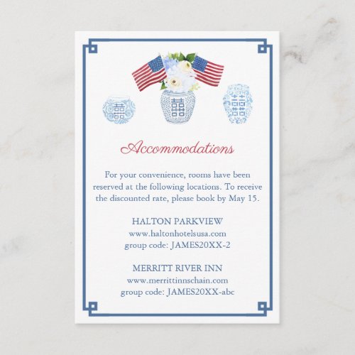 July 4th Red White And Blue Wedding Accomodations Enclosure Card - Accommodations / details / registry insert card with watercolor ginger jar, neutral florals and Stars & Stripes flags. You can move, delete or add text fields by entering the design tool. You can also change the contrast color of the Greek Key border on the front and the pattern on the back (shown here as a dark blue) to any color you like by entering the design tool (underneath the text customization area, click to "customize further") then changing the background color on each side. If you need more text then simply delete the pattern layer from the back then copy and paste the Greek Key border layers from the front and edit the hidden text layer.