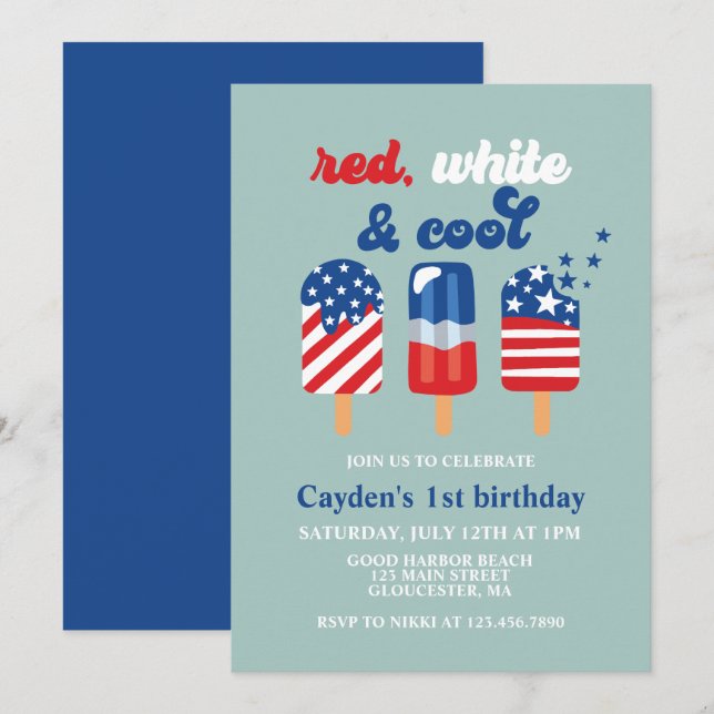 July 4th Red White Blue Birthday Invitation (Front/Back)