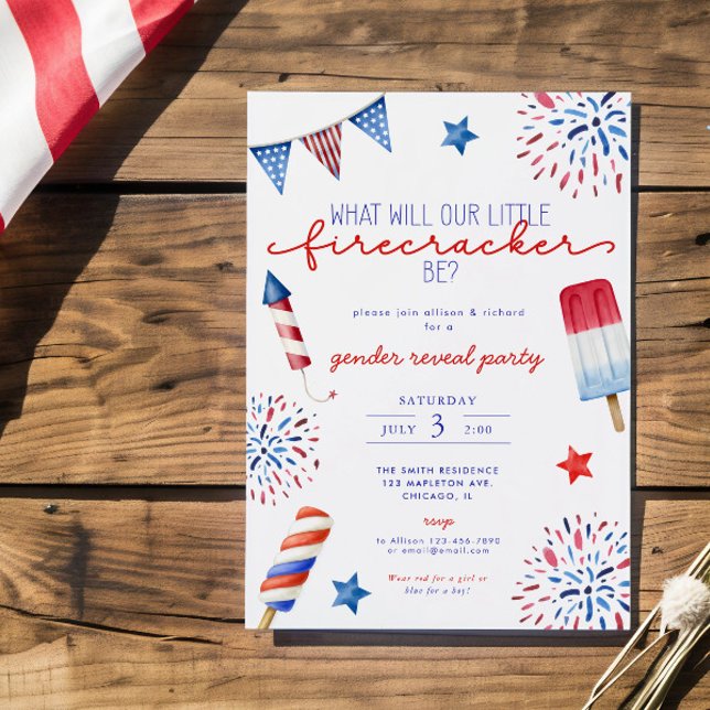 July 4th red white blue Gender reveal firecracker  Invitation (Creator Uploaded)