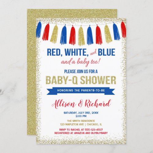 July 4th red white blue gold glitter baby shower invitation