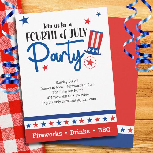 July 4th Red White Blue Stars Hat Party Invitation