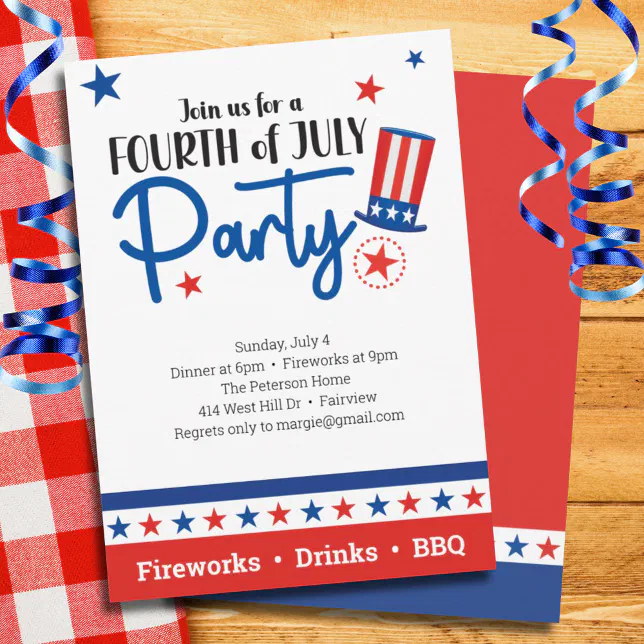 July 4th Red White Blue Stars Hat Party Invitation | Zazzle