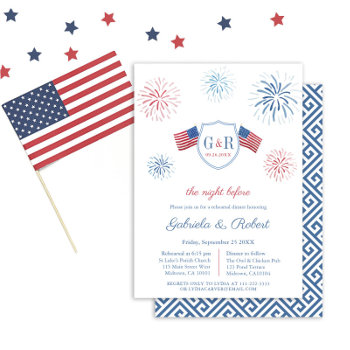 July 4th Red White Blue Wedding Rehearsal Dinner Invitation by DulceGrace at Zazzle