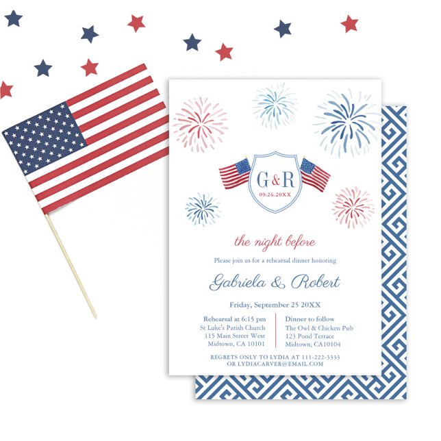 July 4th Red White Blue Wedding Rehearsal Dinner Invitation (Smart Red White And Blue Fireworks Wedding Rehearsal And Dinner Invitation)