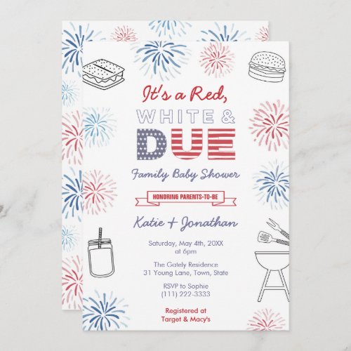 July 4th Red White Due Family Baby Shower Party In Invitation
