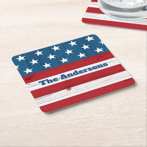 July 4th Rustic Wood American Flag Patriotic Name Square Paper Coaster
