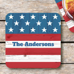 July 4th Rustic Wood American Flag Patriotic Name Square Paper Coaster<br><div class="desc">Get ready to celebrate our country as you relax with your favorite beverage on these striking, graphic, patriotic custom name paper coasters. Navy blue bold typography overlays rustic, vintage, graphic, red and white stripes and white stars on blue, American flag weathered country wood paneled background. Personalize with your name if...</div>