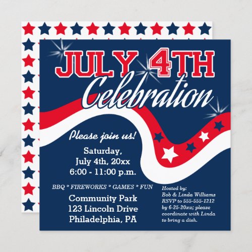 July 4th Stars Celebration Wave Fireworks  Invitation