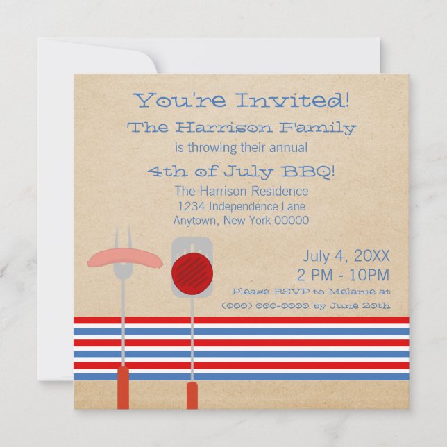 July 4th Striped BBQ Grilling Invite (Front)