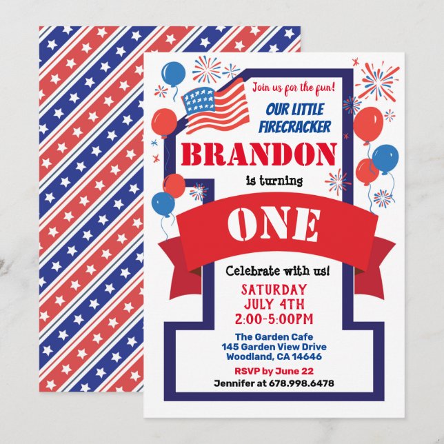 July 4th Theme 1st First Birthday Boy or Girl Invitation (Front/Back)
