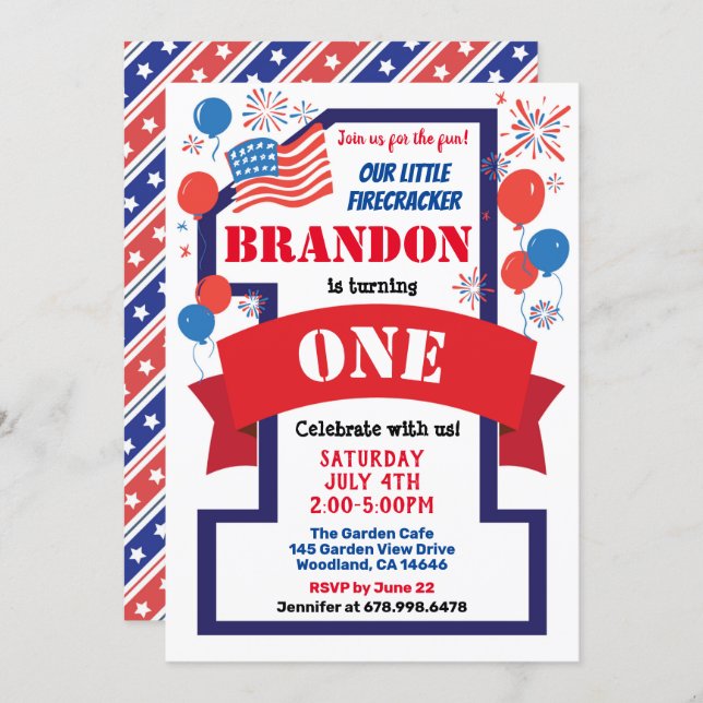 July 4th Theme 1st First Birthday Boy or Girl Invitation (Front/Back)