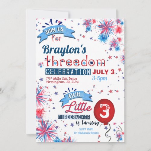 July 4th Threedom Celebration Birthday Invitation