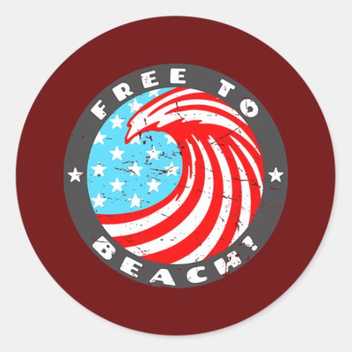 July 4th US Flag Ocean Wave Art Free To Beach  Classic Round Sticker