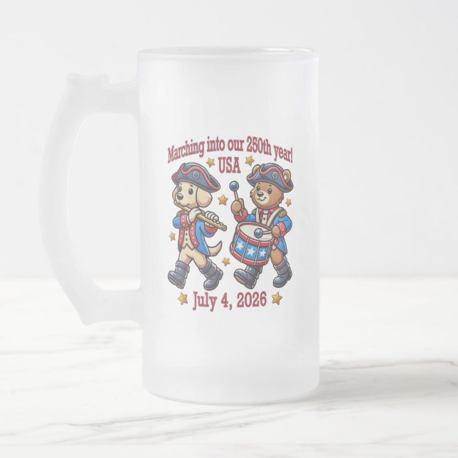 July 4th USA 250th Anniversary Semiquincentennial  Frosted Glass Beer Mug (Left)