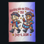 July 4th USA 250th Anniversary Semiquincentennial Kitchen Towel<br><div class="desc">Celebrate the USA's 250th birthday with this whimsical design featuring a patriotic dog playing a flute and a bear marching to the beat of a side drum. Dressed in Revolutionary-era attire, they proudly march beneath the banner "Marching into our 250th Year!" This playful yet symbolic image commemorates the Semiquincentennial, marking...</div>