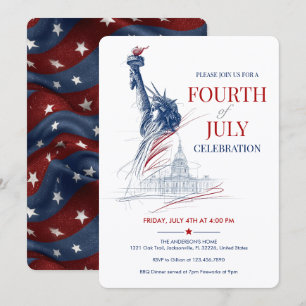 July 4th USA Flag & Statue of Liberty Illustration Invitation