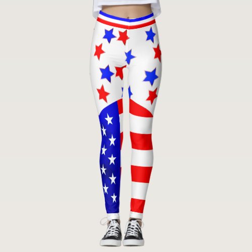 July 4th USA Red White Blue Stars and Stripes Leggings