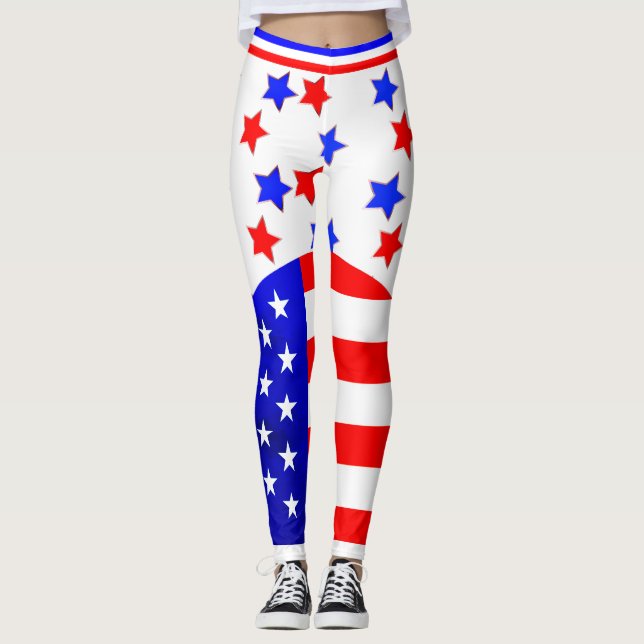 July 4th USA Red White Blue Stars and Stripes Leggings (Front)