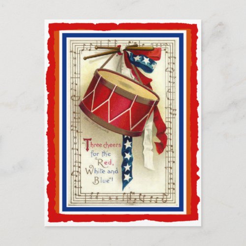 July 4th Vintage Marching Drum Red White  Blue Postcard