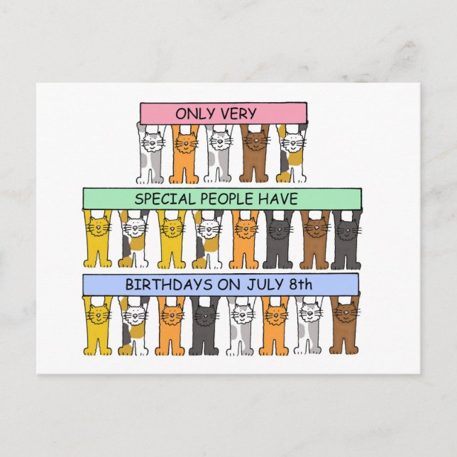 July 8th Happy Birthday Cartoon Cats Postcard (Front)
