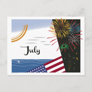 July Art Deco Beach Scene with Flag and Fireworks Postcard