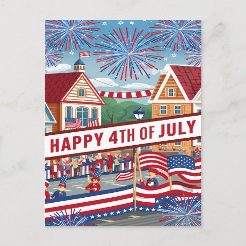 July Banner Amidst Festive Fireworks Holiday Postcard