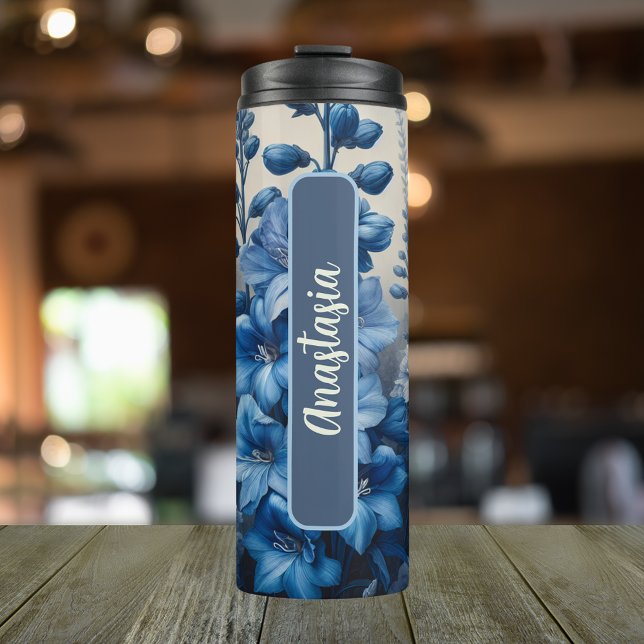 July Birth Flower Larkspur Personalized 16 oz Thermal Tumbler (Personalized 20 oz Thermal Tumbler With Birth Flower Larkspur Design for the Month of July.)