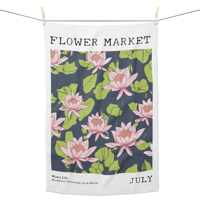 July Birth Flower Market Pink Water Lily Lotus Kitchen Towel (Personalized July Birth Flower Market Kitchen Towel, Custom Floral Print Kitchen Towel, Lotus Print)