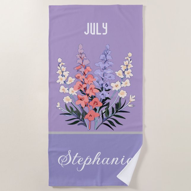July Birth Flower Personalized Name  Beach Towel (Front)