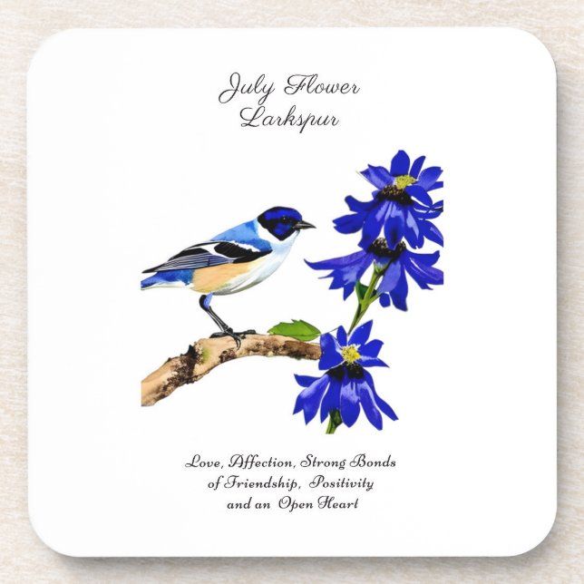 July Birth Month Flower Bluebird and Larkspur    Beverage Coaster (Front)