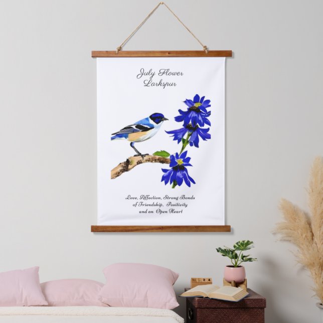 July Birth Month Flower Bluebird and Larkspur    Hanging Tapestry (Bedroom)