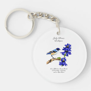 July Birth Month Flower Bluebird and Larkspur    Keychain