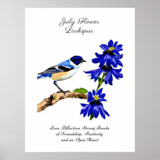 July Birth Month Flower Bluebird and Larkspur Poster
