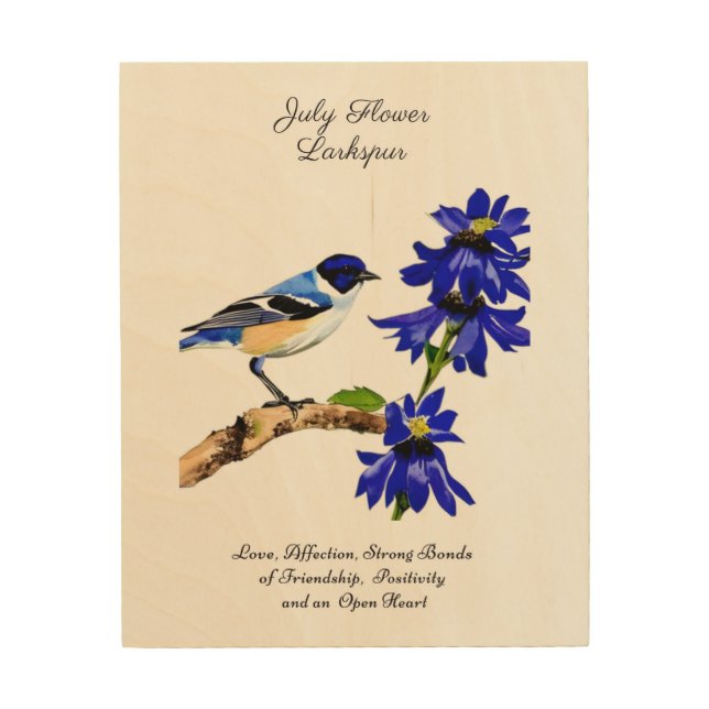 July Birth Month Flower Bluebird and Larkspur    Wood Wall Art (Front)