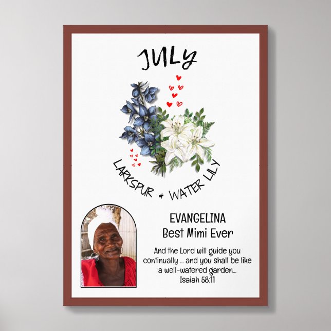 JULY Birth Month Flower Custom NAME PHOTO Framed Art (Framed Front)
