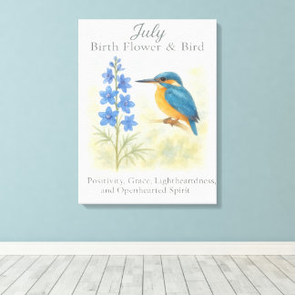 July Birthday Bird Blue Floral Vintage Inspiration Canvas Print