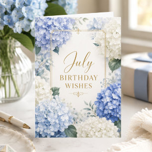 July Birthday Card with Elegant Blue Hydrangeas
