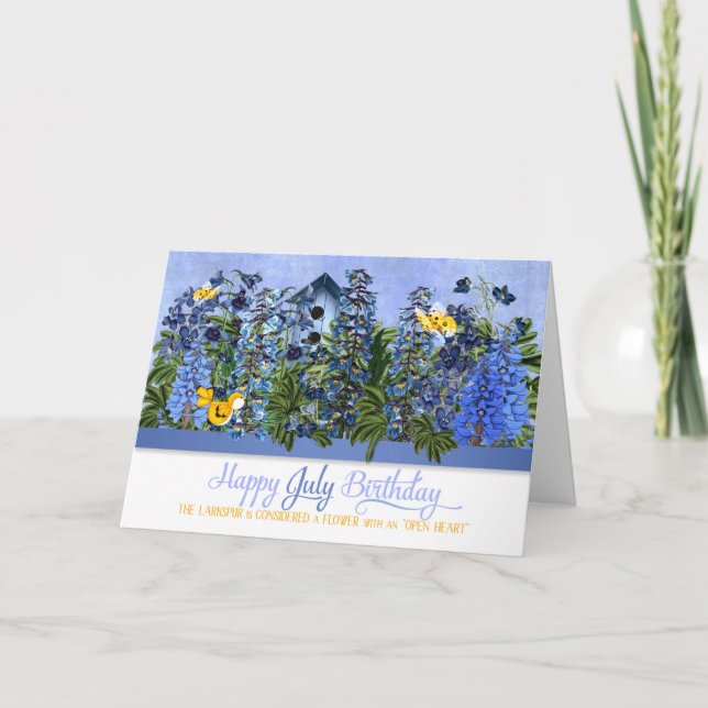 July Birthday Larkspur Garden with Birdhouse Card (Front)