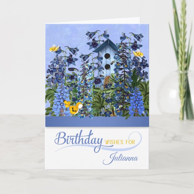 July Birthday Larkspur Garden with Birdhouse Name Card (Front)