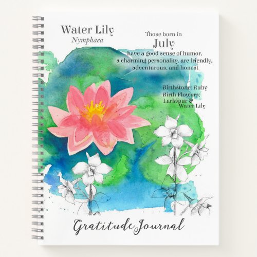 July Birthday Waterlily Larkspur Gratitude Journal
