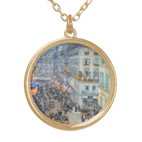 July Fourteenth Rue Daunou by Childe Hassam Gold Plated Necklace