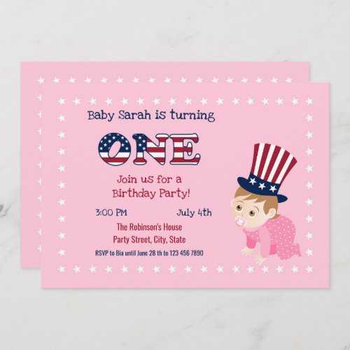 July fourth 1st Birthday Baby Girl Party  Invitation