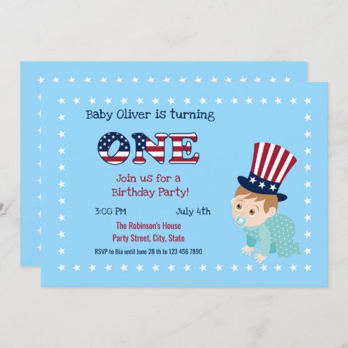 July fourth 1st Birthday Boy Party  Invitation