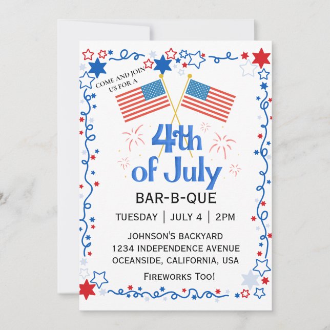 July Fourth American Flag Bald Eagle BBQ Fireworks Invitation (Front)